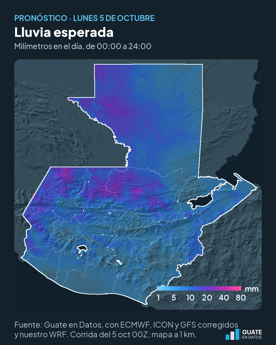 Mapa de la lluvia esperada el lunes 5, en milímetros