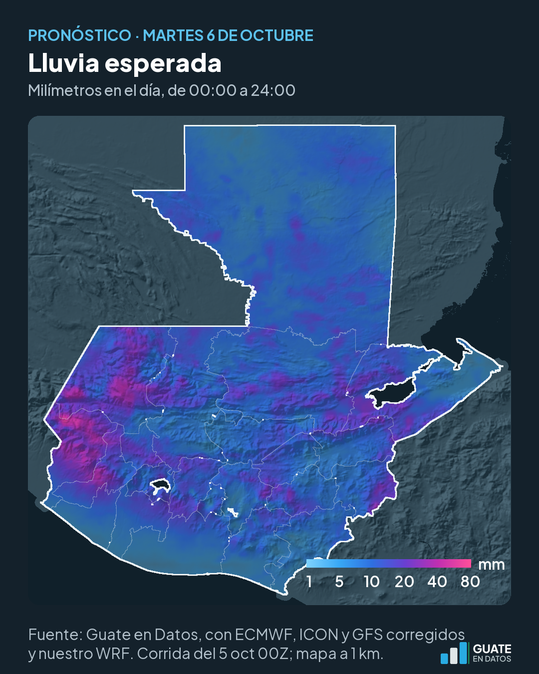 Mapa de la lluvia esperada el martes 6, en milímetros