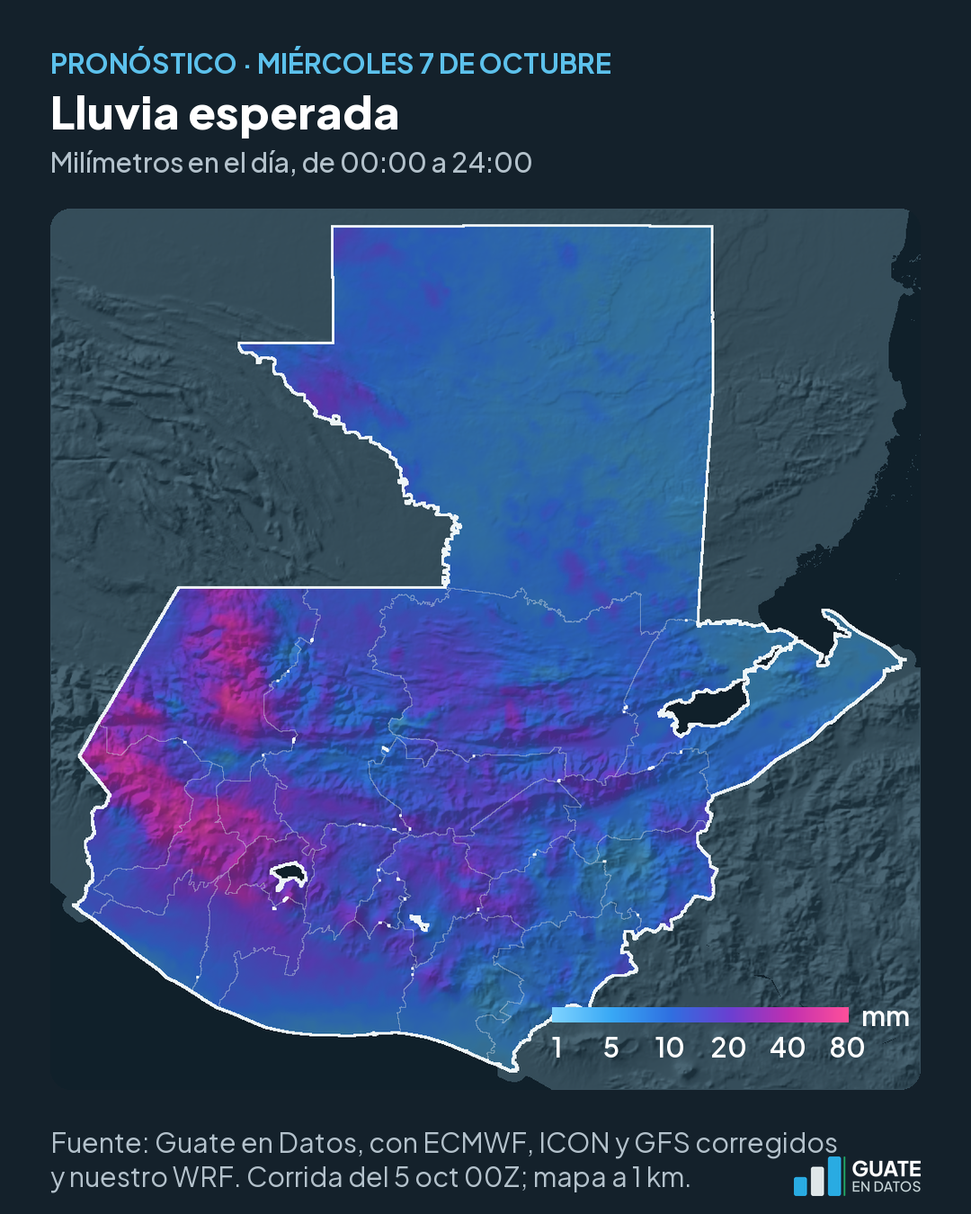 Mapa de la lluvia esperada el miércoles 7, en milímetros